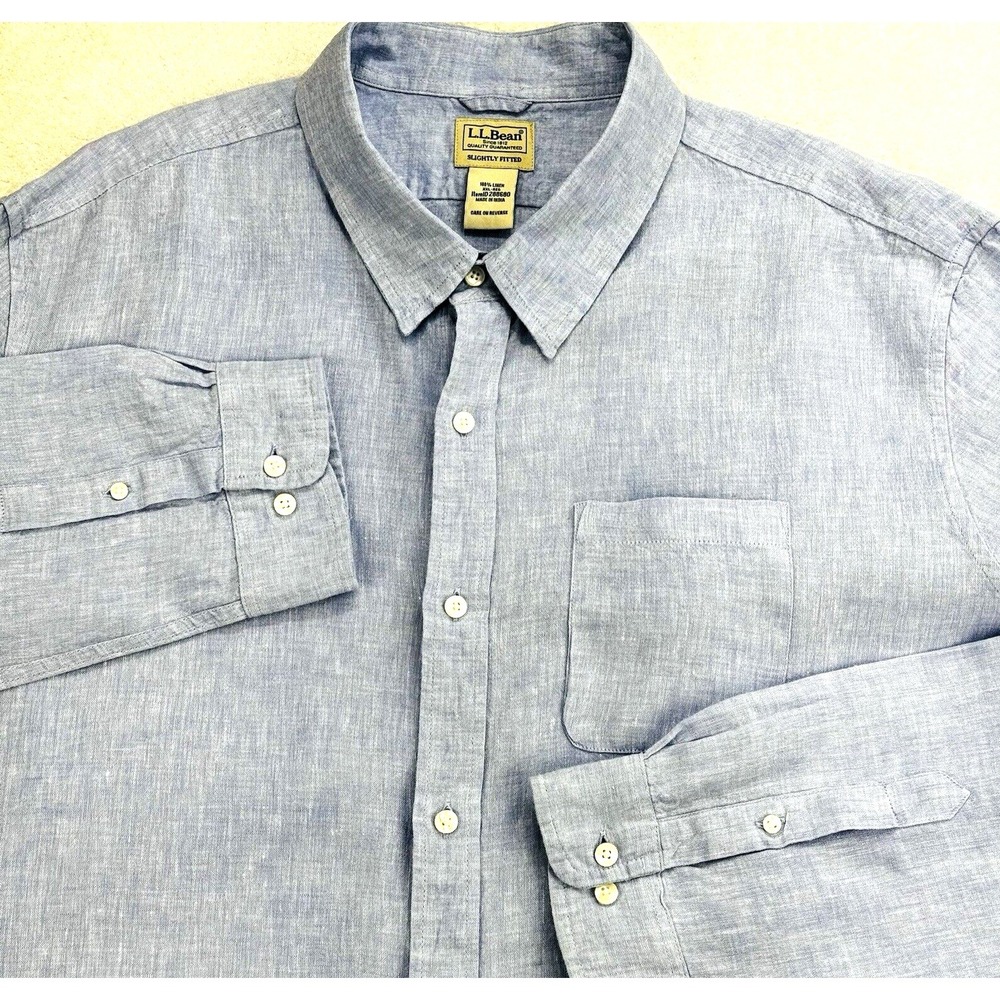 LL Bean 100% Linen Shirt Mens‎ 2XL Blue Slightly Fitted Long Sleeve ID288860
